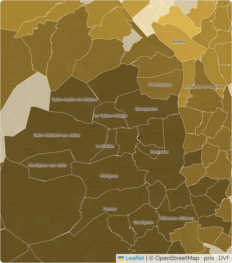 Carte des communes de Bordeaux Métropole, chacune nommée et colorée selon le prix médian au mètre carré des ventes 2023-2025